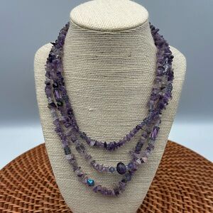 Multi-strand Amethyst Chips Glass Beads Necklace Silver Clasp Purple Boho